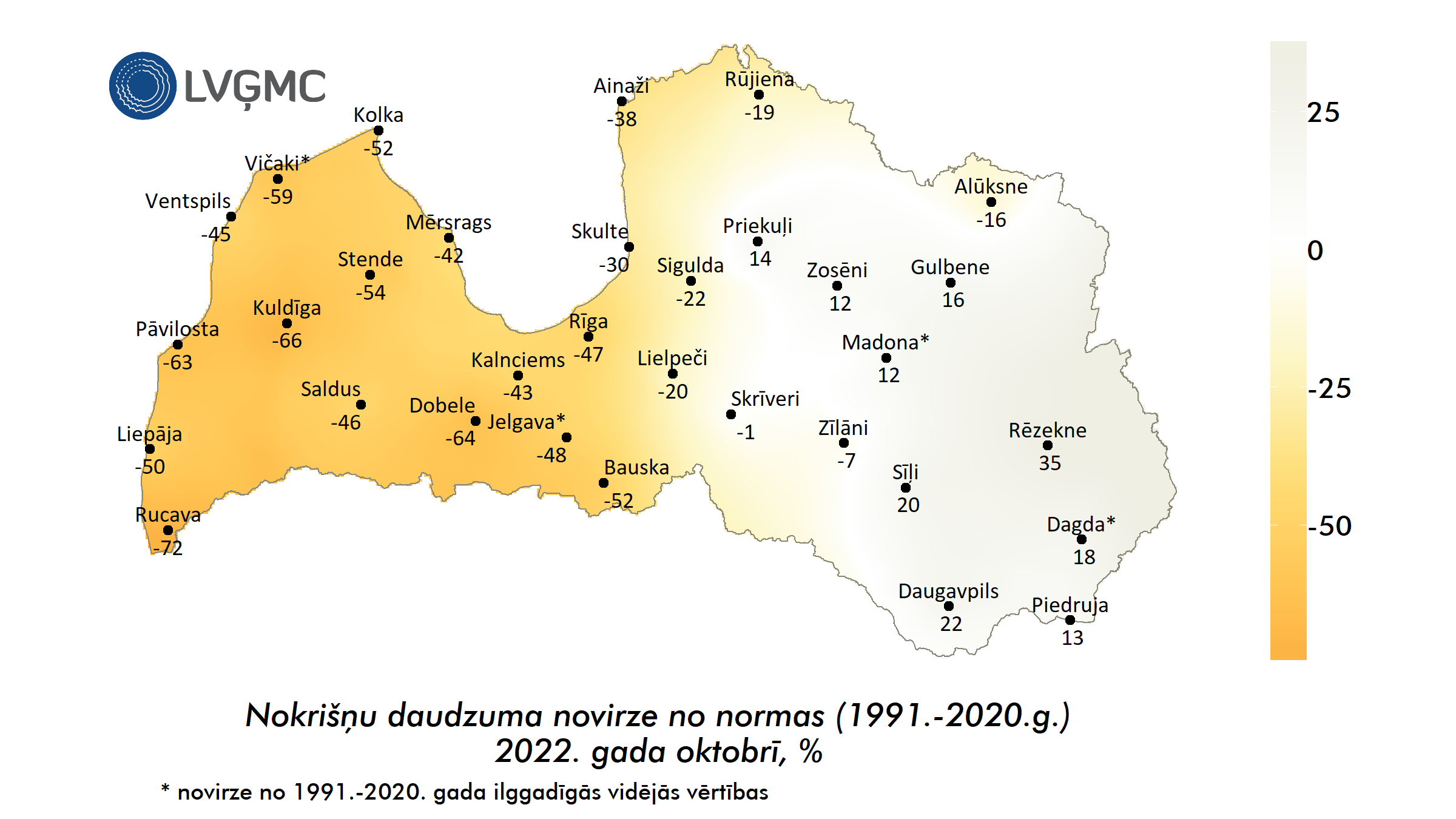 Nokrišņu daudzuma novirze no normas 2022. gada oktobrī, %