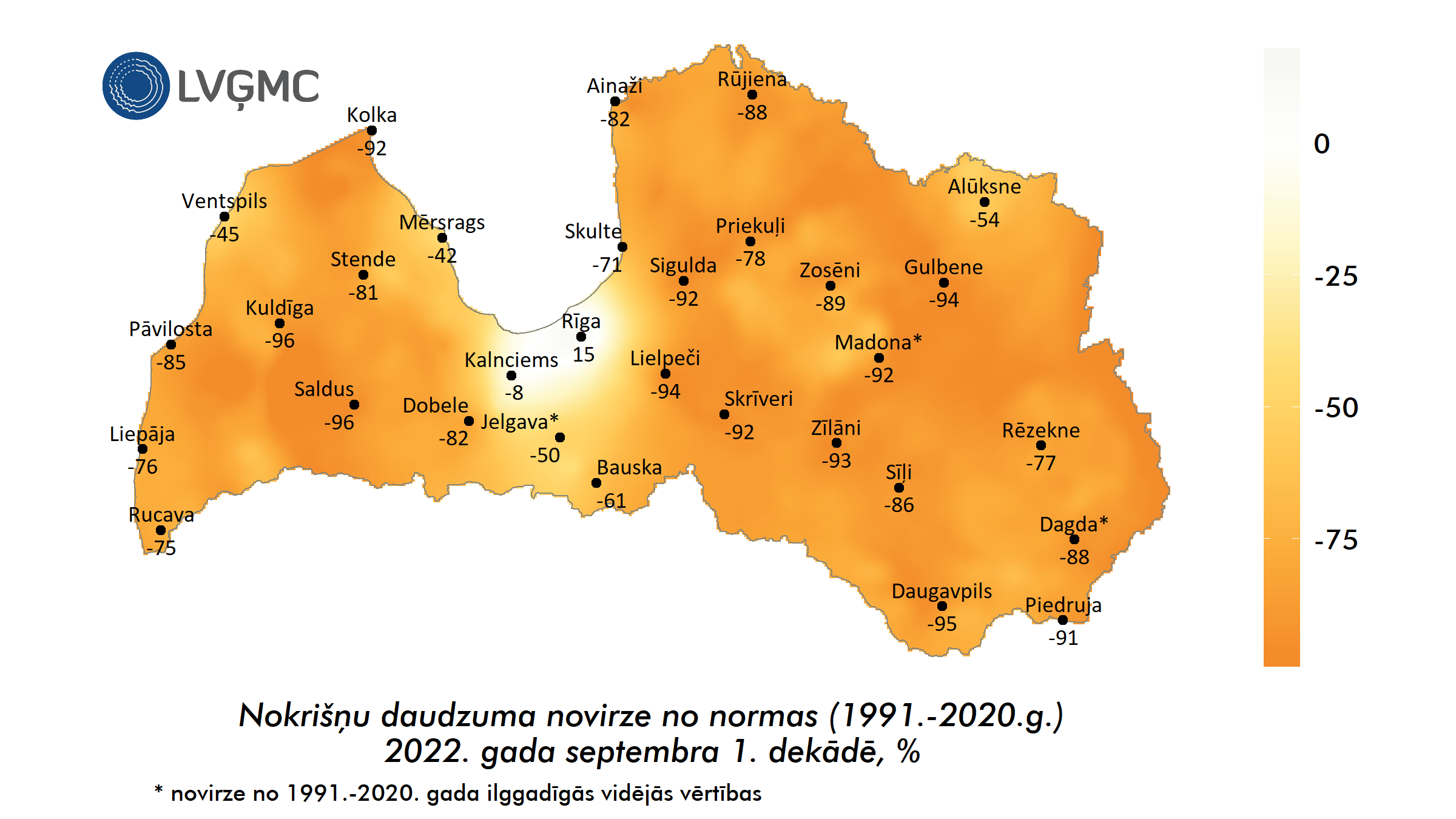 Nokrišņu daudzuma novirze no normas 2022. gada septembra 1. dekādē, %
