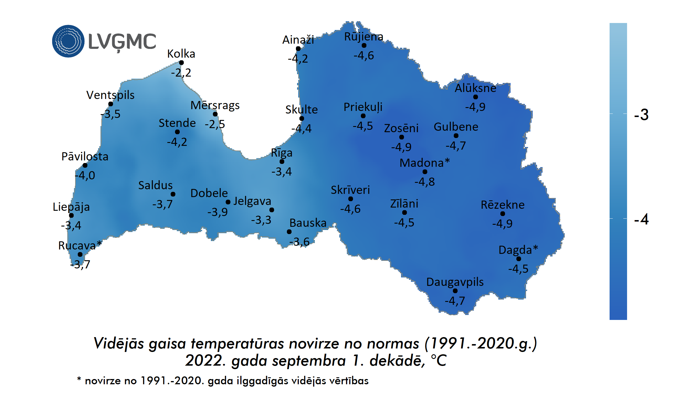 Vidējās gaisa temperatūras novirze no normas 2022. gada septembra 1. dekādē, °C 