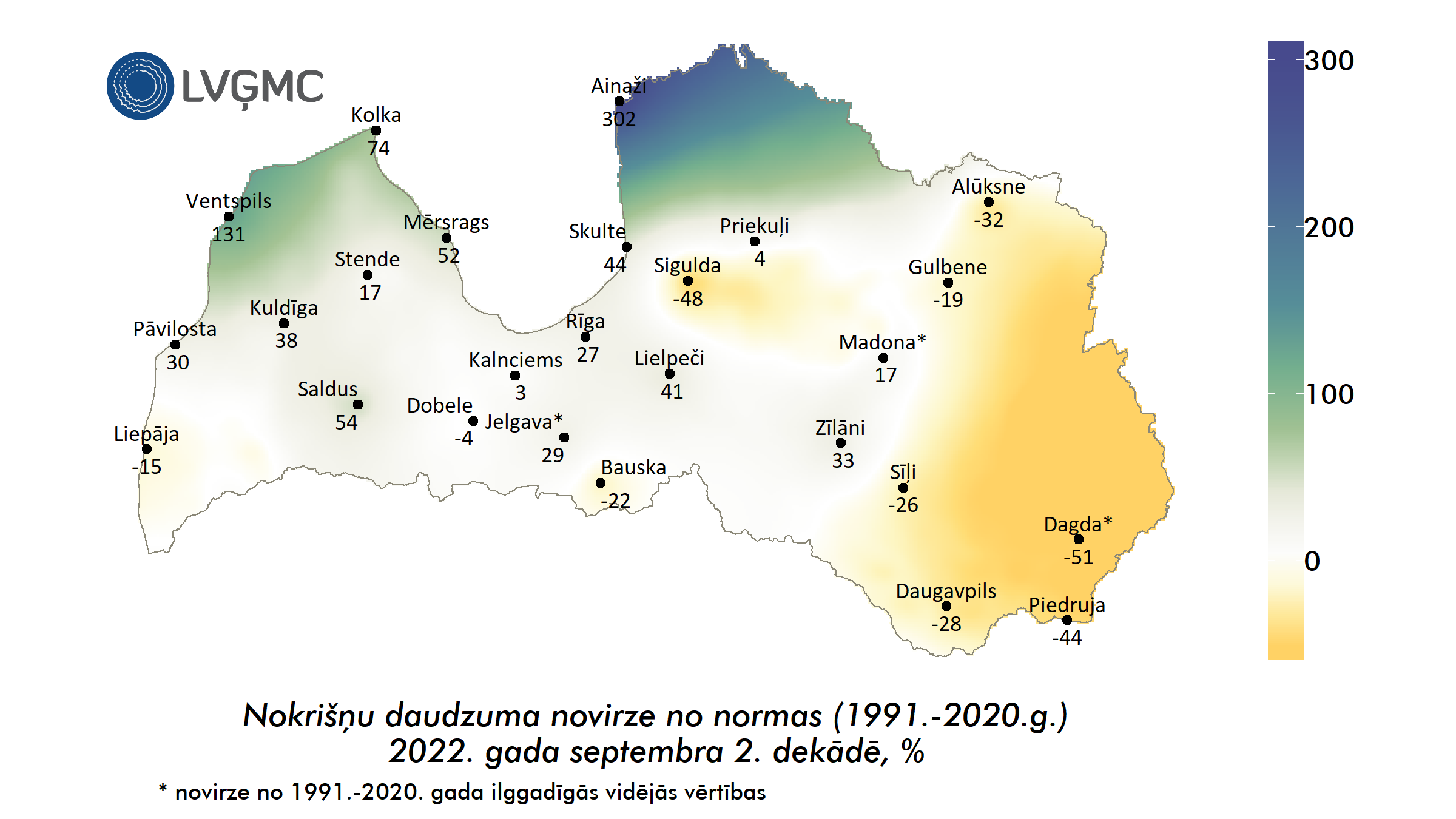 Nokrišņu daudzuma novirze no normas 2022. gada septembra 2. dekādē, %