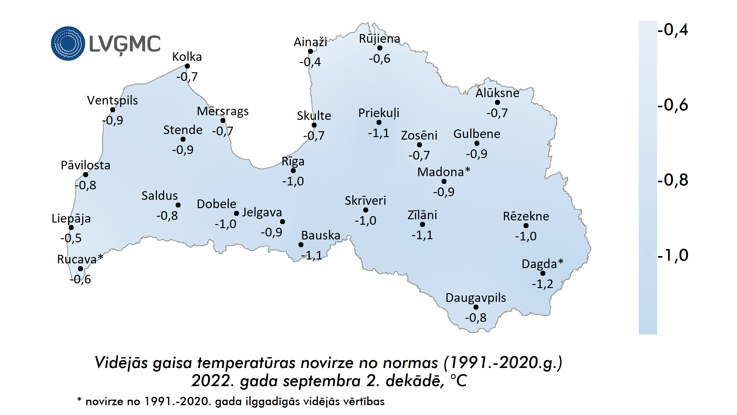 Vidējās gaisa temperatūras novirze no normas 2022. gada septembra 2. dekādē, °C 
