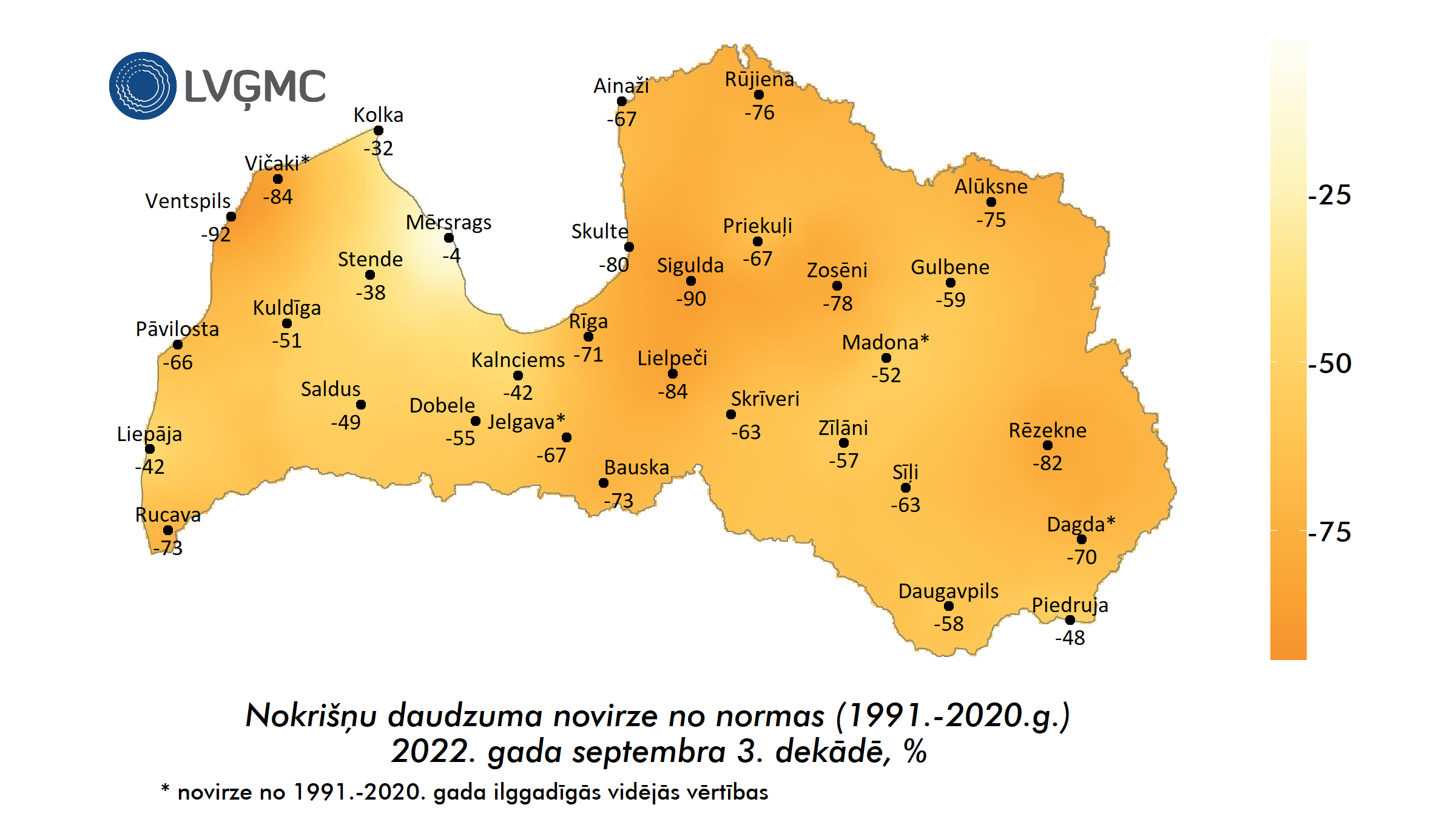 Nokrišņu daudzuma novirze no normas 2022. gada septembra 3. dekādē, %