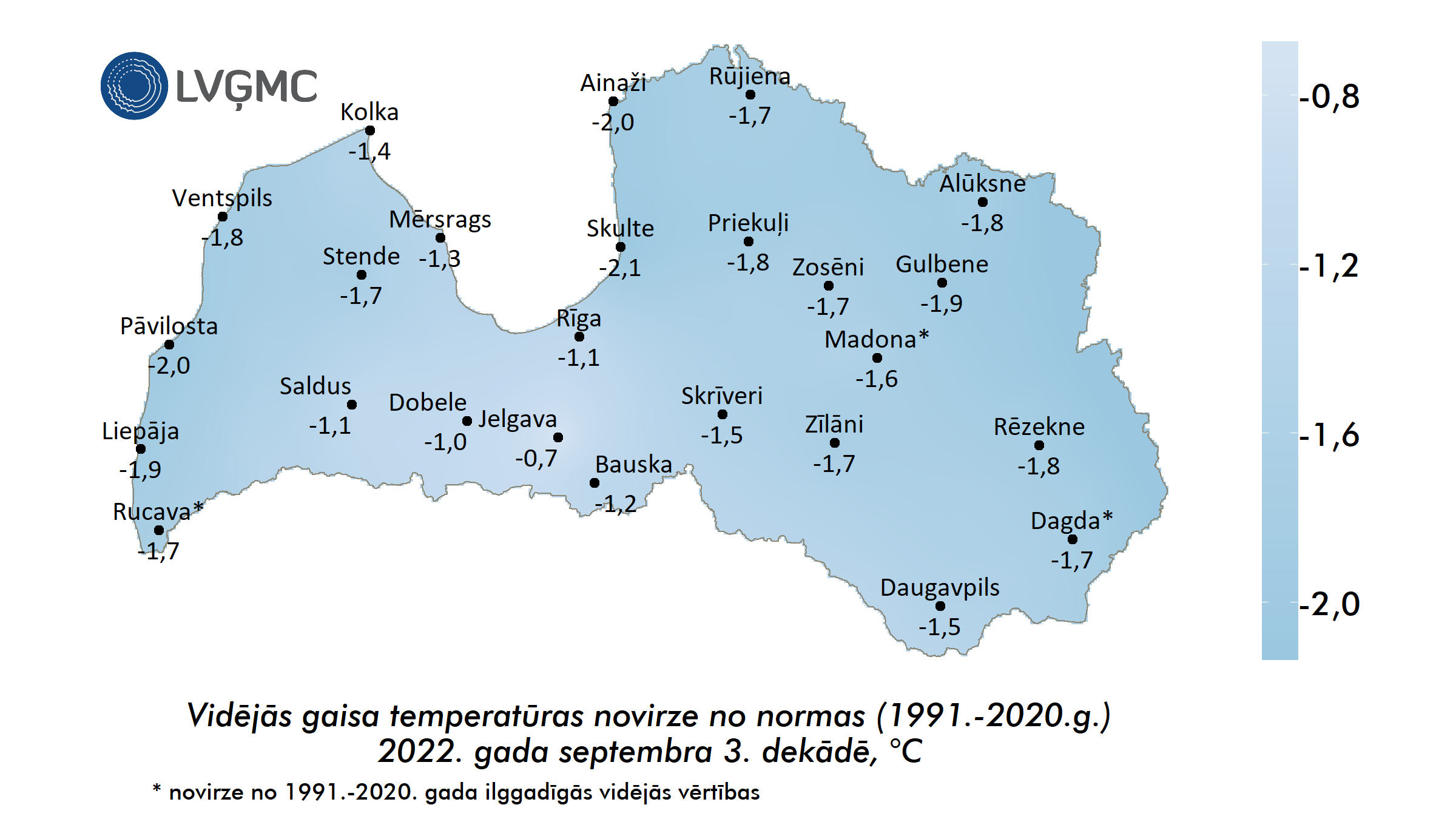 Vidējās gaisa temperatūras novirze no normas 2022. gada septembra 3. dekādē, °C 