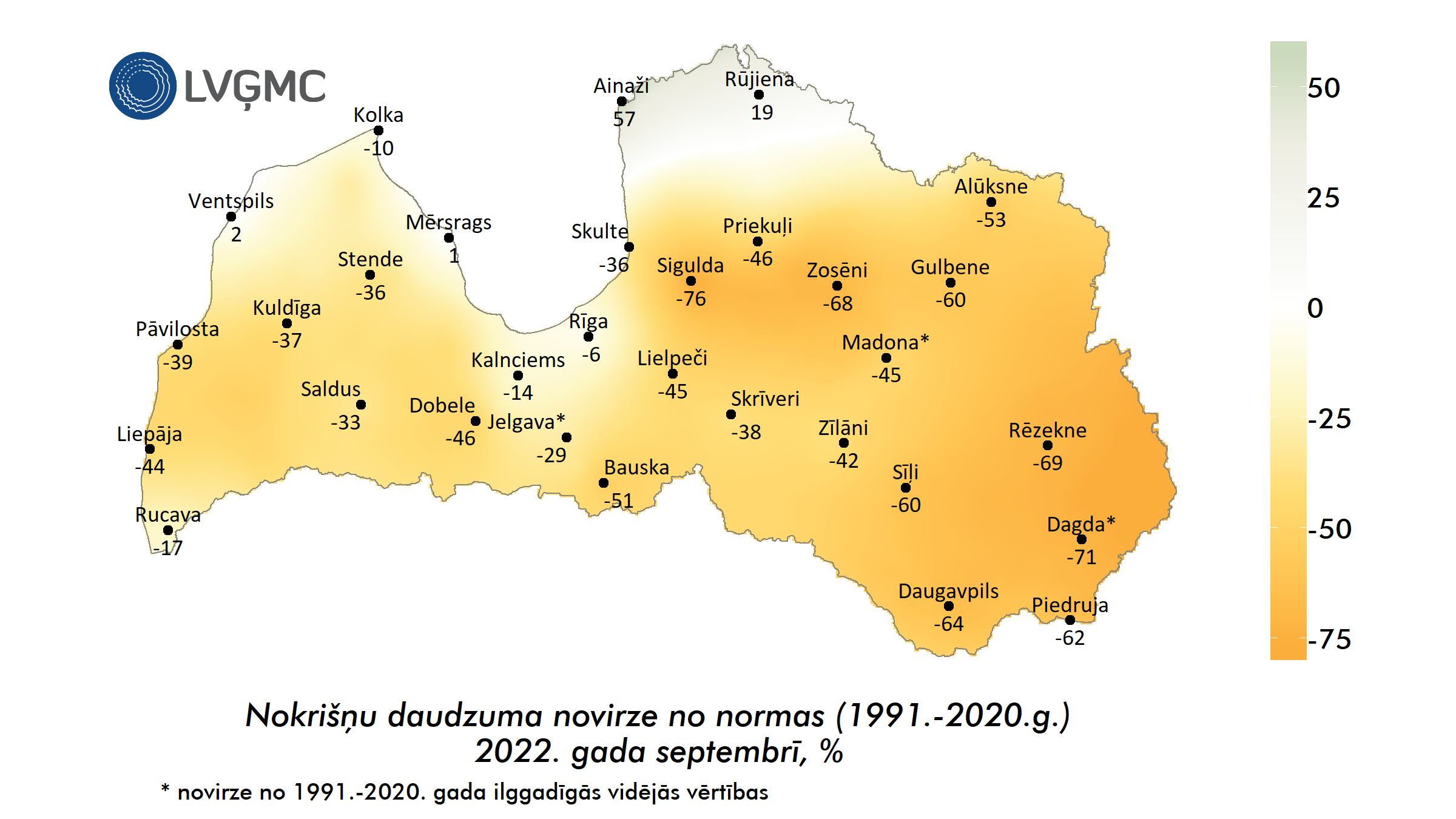 Nokrišņu daudzuma novirze no normas 2022. gada septembrī, %