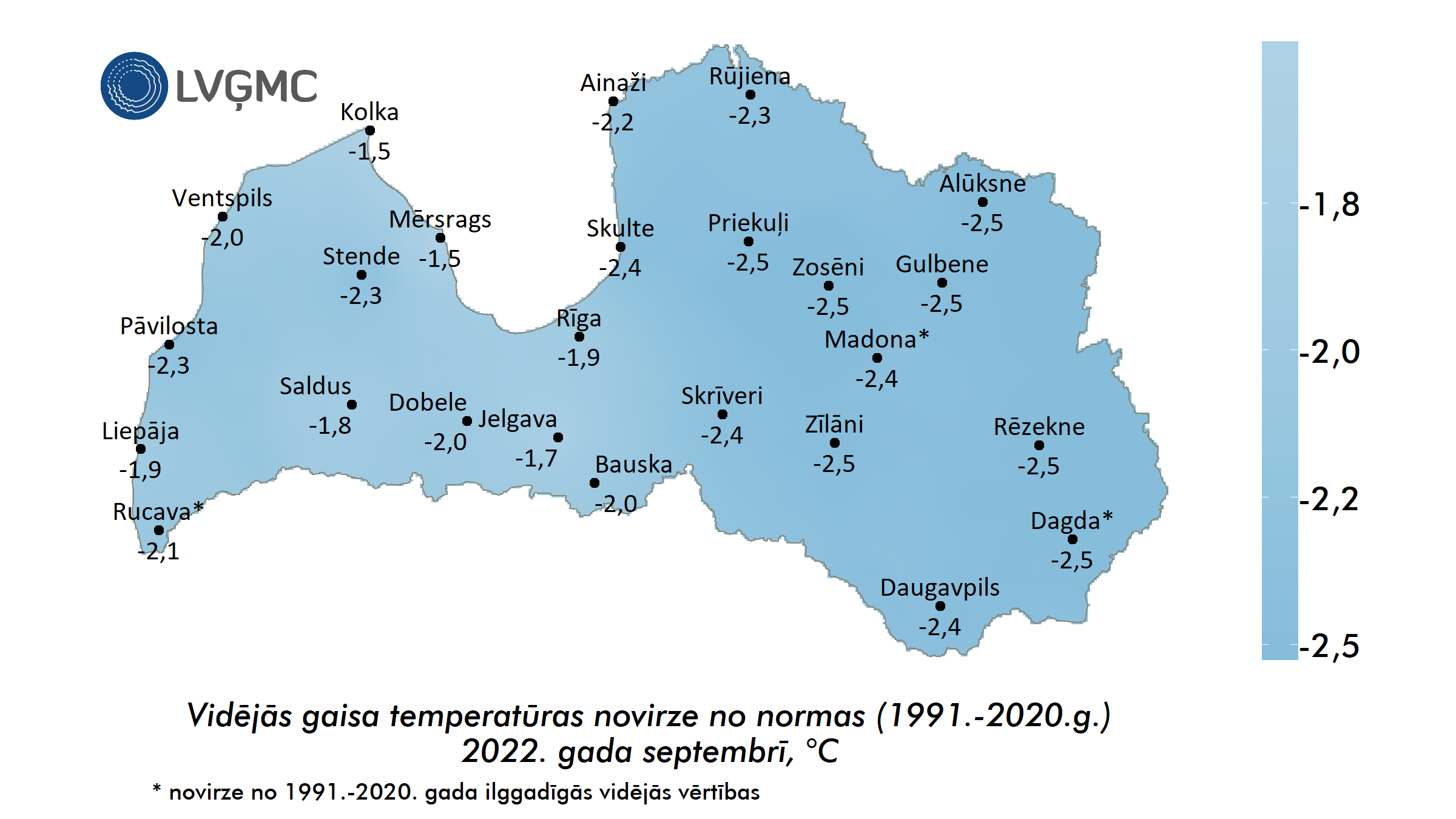 Vidējās gaisa temperatūras novirze no normas 2022. gada septembrī, °C 