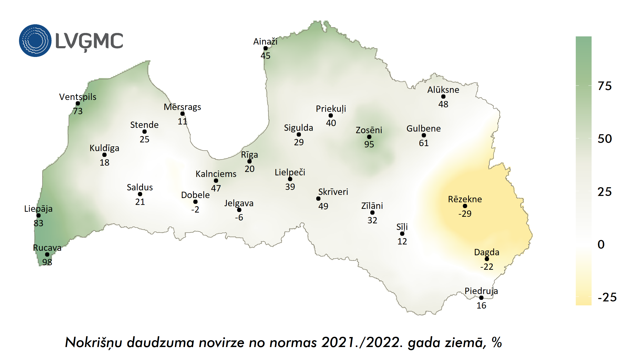 Nokrišņu daudzuma novirze no normas 2021./2022. gada ziemā, mm