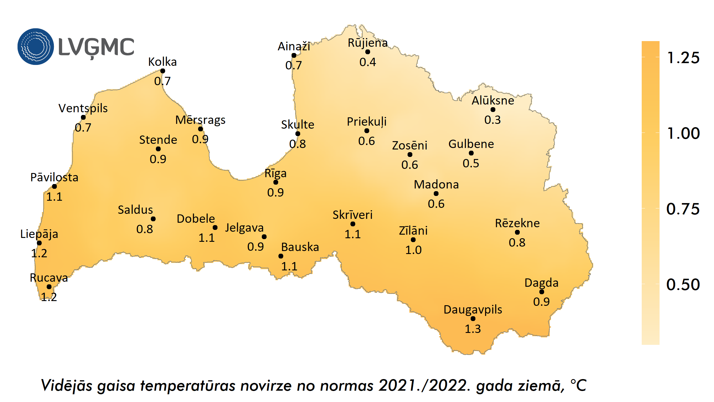 Vidējās gaisa temperatūras novirze no normas 2021.–2022. gada ziemā, °C